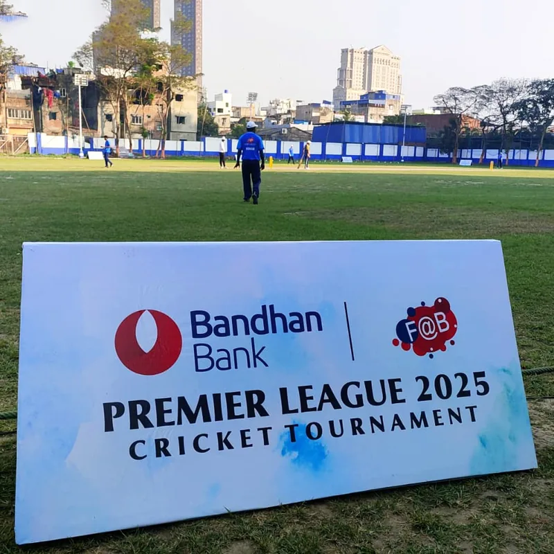 Bandhan Bank Premier League 2025 Cricket Tournament banner on the Harvard House Sports ground